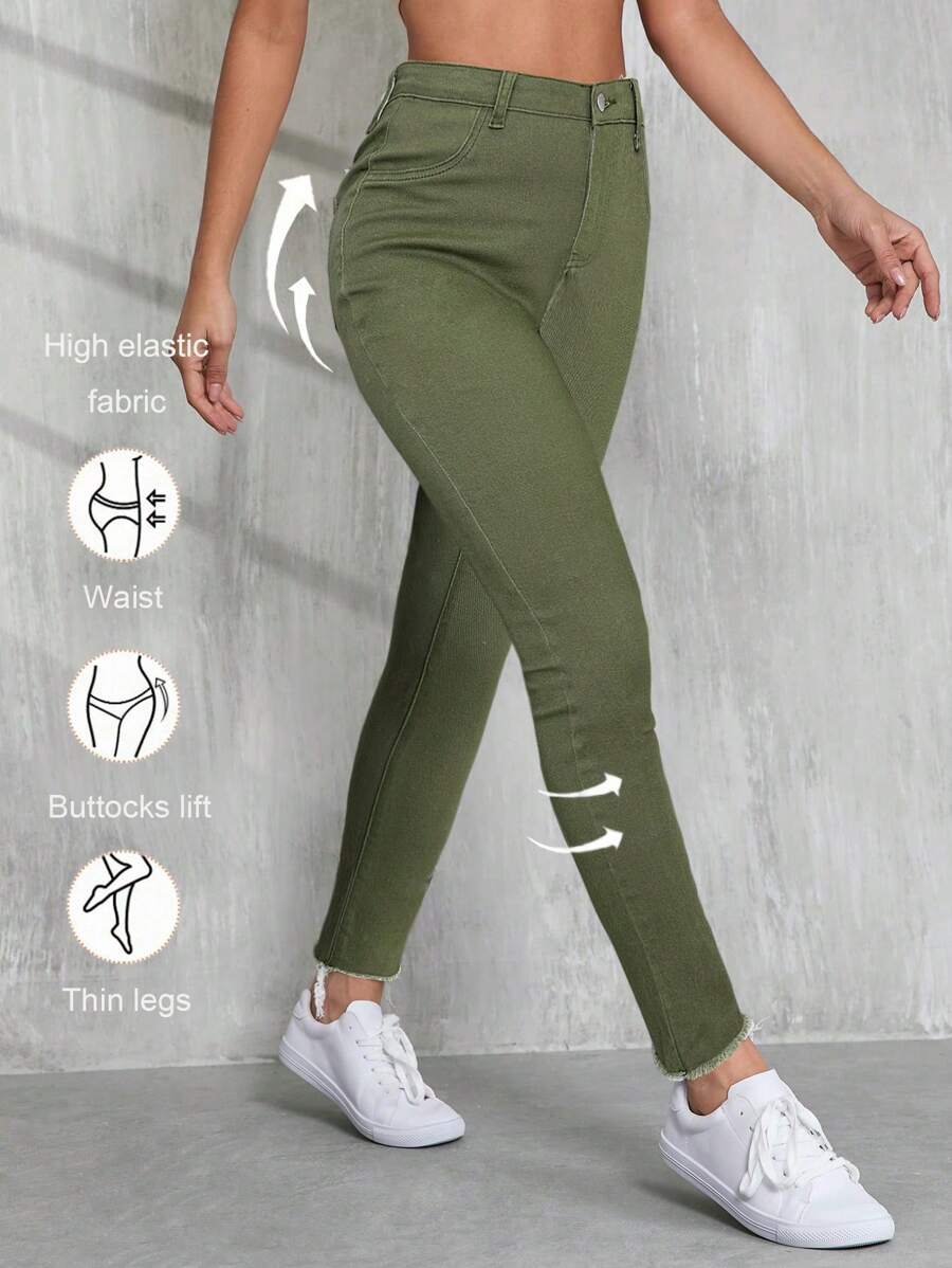 SHEIN Tall 白色女式牛仔裤休闲紧身弹力长裤返校正装裤子秋季白色女式牛仔裤教师裤子 - 軍綠色 - 查看 1