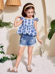 SHEIN Leap Crew 年轻女孩雪纺碎花甜心领荷叶边休闲衬衫 - 藍白色 - 查看 3