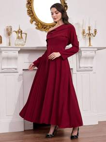 Modelyn Oblique Collar, Pleated Hem Patchwork Long Sleeve Women Long Dress Fall Cloth For Women - Burgundy - View 4