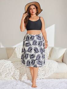 Swim Lushoire Plus Size Women 3pcs Set Random Print Fashionable Sexy Holiday Daily High Waist Skirt & Adjustable Strap Tankini Set, For Summer Beach Vacation - Black - View 4