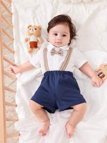 SHEIN 2 Stücke Set für Neugeborene, Jungen, entzückendes Sommer-Set mit weißem Hemd und Hosenträger-Shorts, geeignet für Geburtstagspartys, formelle Anlässe, Hochzeiten, Babypartys und die Feier des 1. Geburtstags - Verschiedenfarbig - Übersicht 5