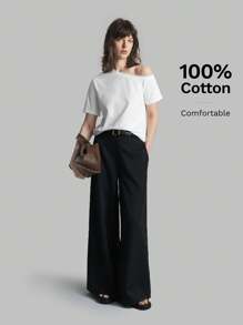 Ontre Women's Solid Color Asymmetric Collar Short Sleeve Casual T-Shirt, Summer