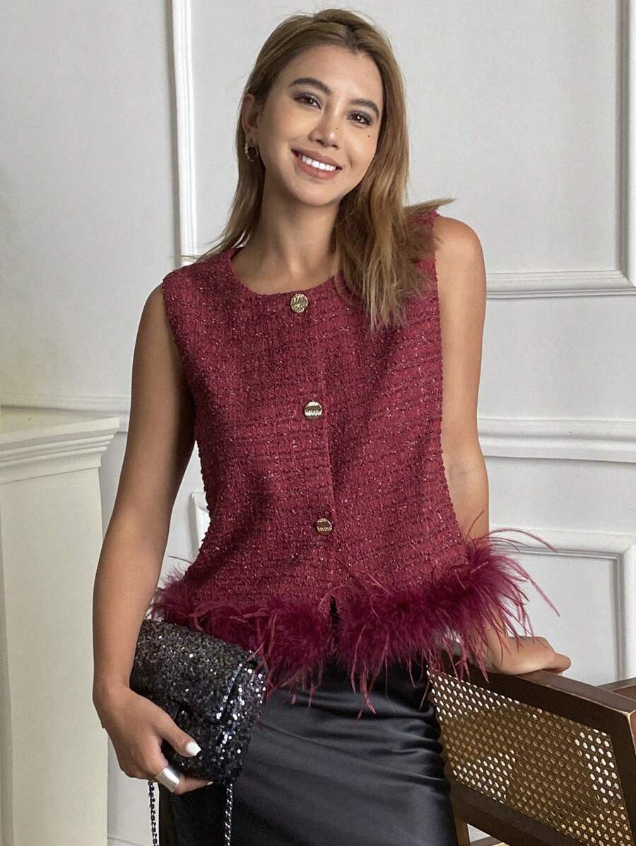 DAZY Ankara Red Plaid Faux Fur Patchwork Vest Style Women's Regular Jacket Women Coats - Red - View 1