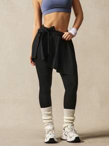 VARSITIE Damskie, jednokolorowe, patchworkowe, falbaniaste legginsy 2 w 1, swobodne, fitnessowe