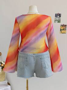 Soleia Plus Size Women Back To School Vacation Tie-Dye Rainbow Print Babydoll Blouse, Casual Long Sleeve Shirt, Summer Outfits - Multicolor - View 2