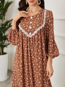 SHEIN Lacomfia Elegant Lady Minimalist Floral Print Arabic Style Dress - Coffee - View 7