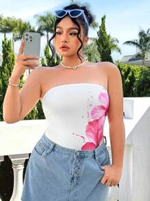 CovetEZ Plus Size Tropical Floral Strapless Casual Bodysuit, Versatile All-Match Style For Spring/Summer - Multicolor - View 5