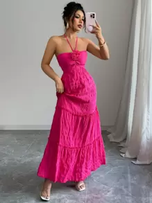 Elenzga Women's Elegant Solid Color 3D Floral Backless Halter Dress