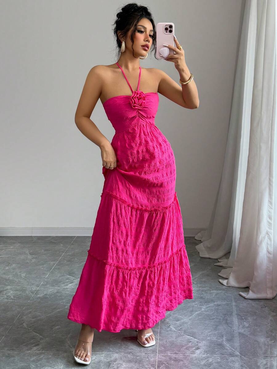 Elenzga Women's Elegant Solid Color 3D Floral Backless Halter Dress