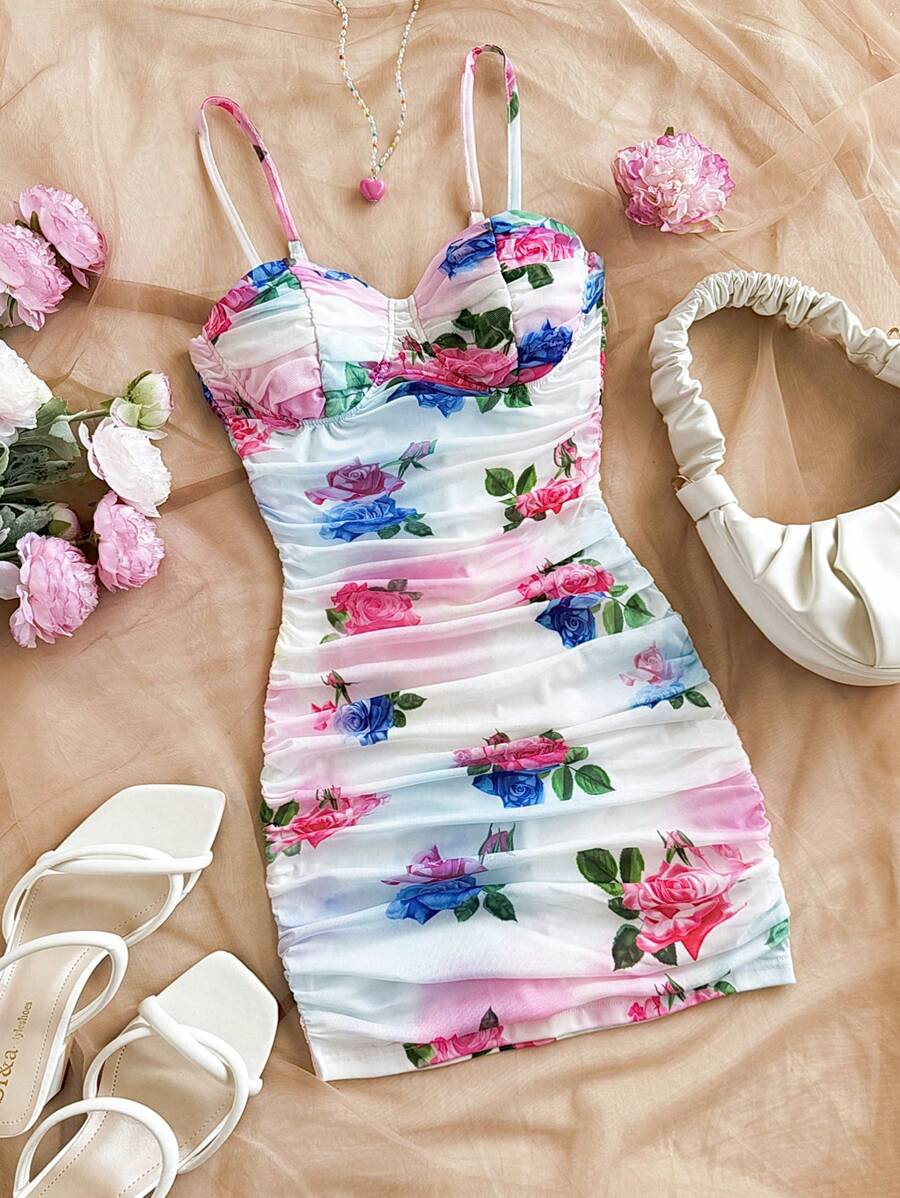 Soleia 女士花卉扎染网眼褶皱吊带春季迷你连衣裙，适合度假、音乐节、波西米亚风、节日、下午茶约会 - 彩色 - 查看 1