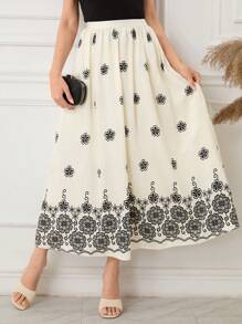Lacomfia Women's Casual Floral Print Long Skirt For Vacation Fall Cloth For Women - Apricot - View 1