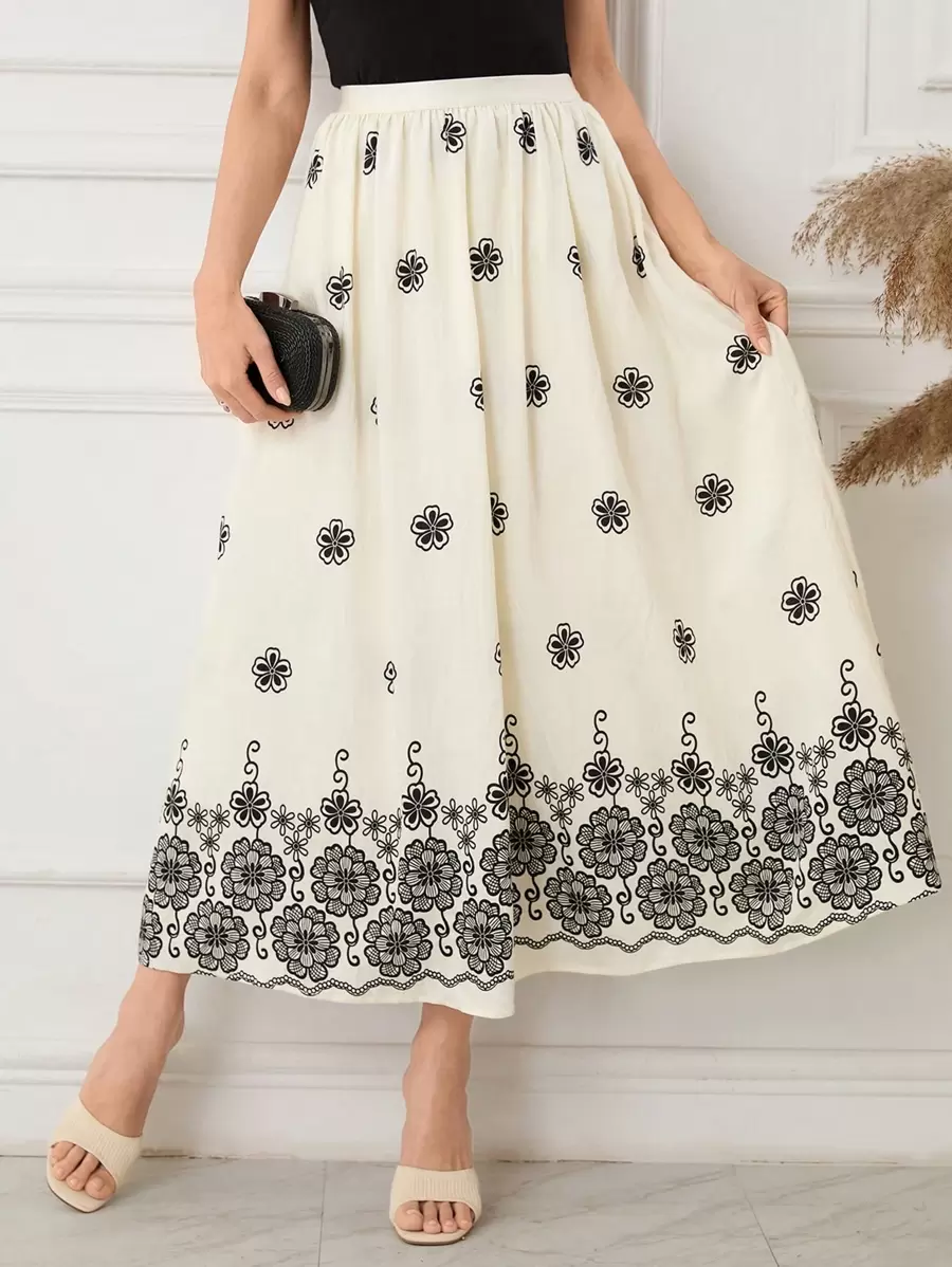 Lacomfia Women's Casual Floral Print Long Skirt For Vacation Fall Cloth For Women - Apricot - View 1