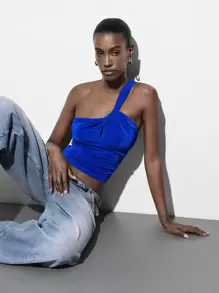 Maija Women's Blue Summer Solid Color One-Shoulder Pleated Sexy Fashionable Versatile Casual Simple Elegant Sleeveless Cropped Tank Top Going Out Tops Going Out Outfits