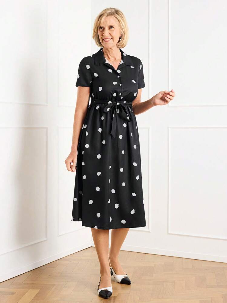 Women's Polka Dot Print Short Sleeve Casual Shirt Midi Dress