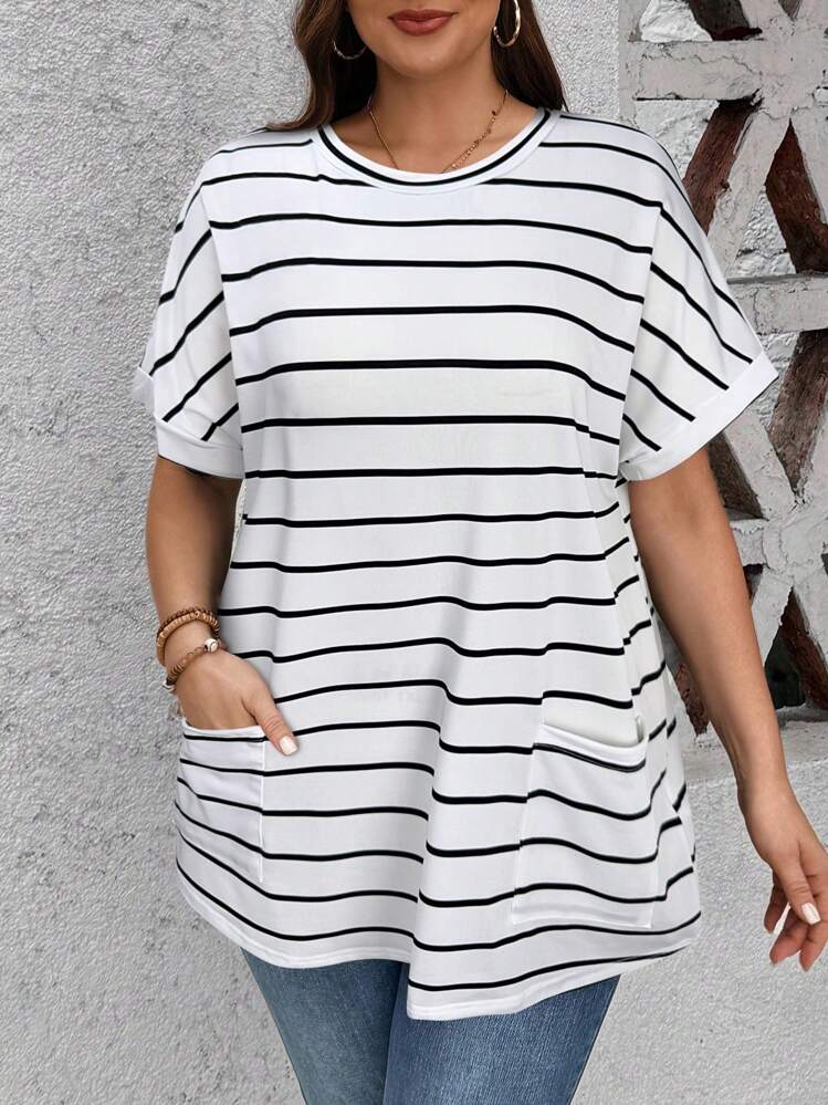 SHEIN LUNE Camiseta informal holgada con bolsillos y estampado de rayas negras y blancas de talla grande - Blanco - Añade 1