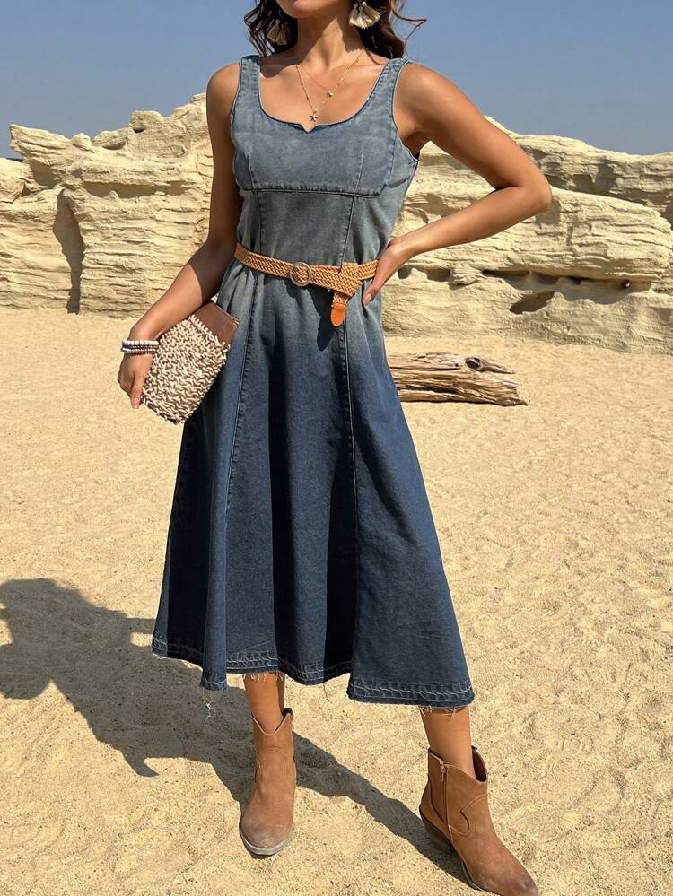 Tie-Dye Tie Dye A-Line Denim Dress With Fringes For Women - Fitted Silhouette Dress