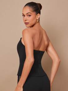 L'Amorae Summer Women, Women, Elegant Office Look Front Split Strapless Black Top With Gold And Faux Pearl Buttons, Women Tops, Summer Tops, Tube Top, Crop Top, Office Women, Old Money, Daily. For Date Night, Concerts, Performances, Parties
