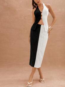 L'Amorae Falda midi de verano de ganchillo de color contrastante, atuendos de vacaciones en la playa, atuendos de verano para mujeres - Blanco y Negro - Ver 3