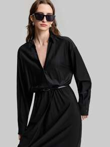 Ontre Vestido negro de cintura alta y campana con decoración de cinturón, estilo urbano chic minimalista para mujer - Negro - Ver 1