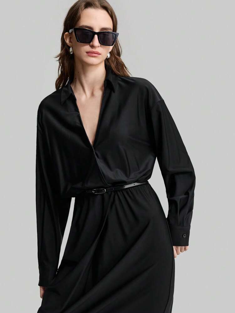 Women's Black High Waist Flare Dress With Leather Belt Decor, Urban Chic Minimalist Style