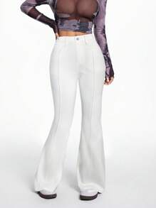 SHEIN PETITE 女式高腰弹力性感白色喇叭牛仔裤 - 白色 - 查看 1