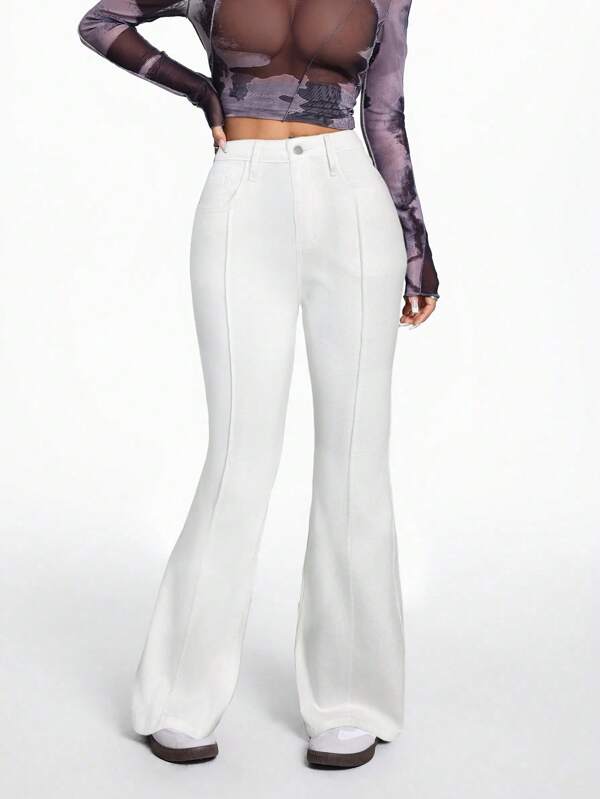 SHEIN PETITE 女式高腰弹力性感白色喇叭牛仔裤