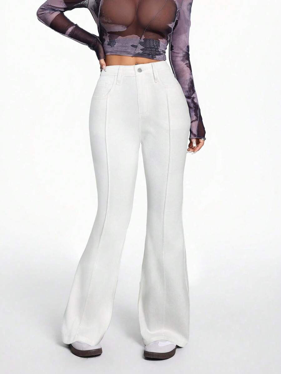 SHEIN PETITE 女式高腰弹力性感白色喇叭牛仔裤 - 白色 - 查看 1