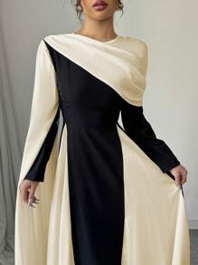 Rafferiza Vestido elegante de mujer con cuello redondo, mangas extra largas fluidas y bloque de color con pliegues - Albaricoque - Ver 4