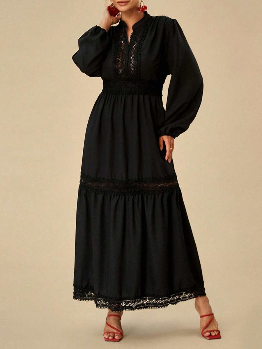 SHEIN VCAY Plus Size Women's Solid Color Simple Long Sleeve Casual Dress,Graduation Dress - Black - View 1