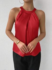SHEIN Privé Camisa sin cuello champán de unicolor con pliegues y sin mangas, conjunto elegante y sencillo para usar en la oficina en verano