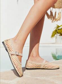 Styleloop 时尚方头休闲派对/办公室扣带透气镂空网眼一脚蹬平底鞋，杏色波西米亚西部音乐节派对装 - 杏色 - 查看 9