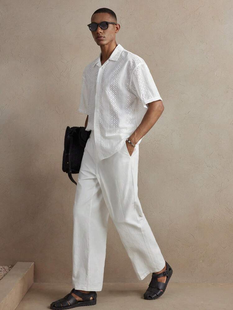 メンズ ホワイトストライプジャガードルーズラグランカジュアルシャツ、デイリー着用やバケーションに最適、春夏