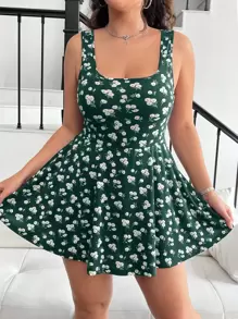 Solflare 大码女式碎花连体裤，带口袋 - 墨綠色 - 查看 7