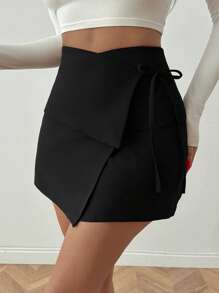 SHEIN Tall Solid Colour Lace-Up Detailed Skirt - Black - View 3