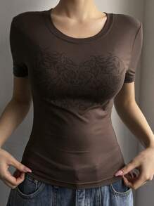 DAZY Women's Slim Fit Round Neck Printed T-Shirt, Spring Style Weekend, Summer - Coffee Brown - View 3
