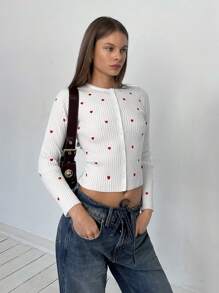 SHEIN EZwear Women's Heart Pattern Long Sleeve Single-Breasted Casual Sweater