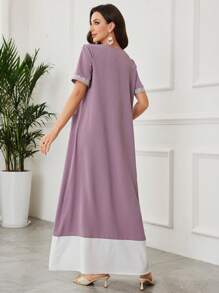 Lacomfia Color Blocking Rib Trim Round Neck Long Sleeve Loose Arabian Dress For Women - Pink - View 2