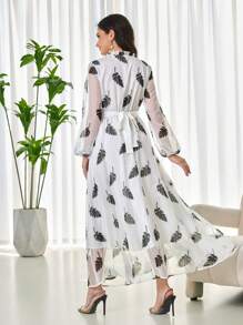 Modelyn Kleid für Damen mit Mesh- und digitalem Muster-Einsatz, Schleifenbesatz und Volant-Saum mit Langarm