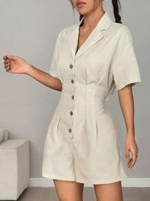 Flirla 女士有领短袖纯色纽扣连体衣 - 杏色 - 查看 5