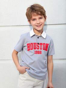 青少年男孩休闲 Polo 衫，带领和字母图案，短袖，适合秋季、春季、夏季、户外玩耍、学校、街头装、派对和休闲 - 灰色 - 查看 1