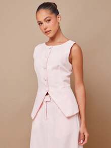 L'Amorae Áo vest công sở có nút vàng - Hồng - Xem 5