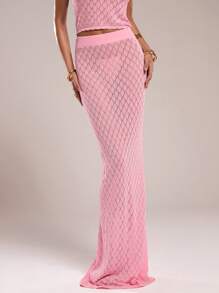 SHEIN BAE Women's Solid Color Elastic Waist Hollow Long Knit Skirt