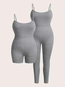 SHEIN Essnce Plus Size Women's Summer New Free People Women Back To School Clothes Workout Women Sets Teacher Clothes Outfit Biker Shorts Women Rompers Leggings Fashion Casual Sports 2 Pieces Bodycon Jumpsuit - Light Grey - View 2