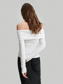 Ontre Women 90s Style Off Shoulder Ruffle Long Sleeve Fitted Knit Top, White - White - View 9