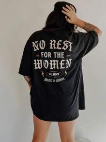 INAWLY 女款“No Rest For The Women”标语印花圆领短袖 T 恤 - 黑色 - 查看 1