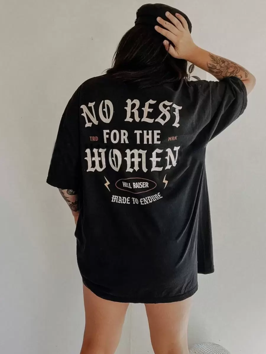 INAWLY 女款“No Rest For The Women”标语印花圆领短袖 T 恤 - 黑色 - 查看 1