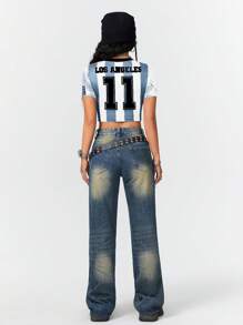 SHEIN EZwear Women's Sport Letter Striped Print Cropped Slim Fit Football T-Shirt