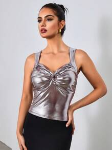 Chiquease 女式无袖闪亮金属反光吊带背心，春夏 - 銀色 - 查看 1