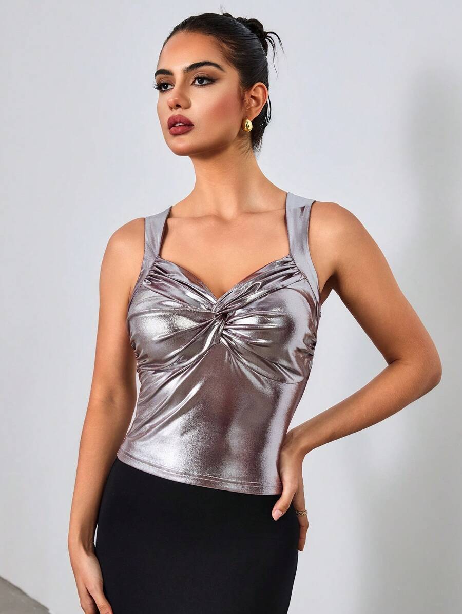 Chiquease 女式无袖闪亮金属反光吊带背心，春夏 - 銀色 - 查看 1