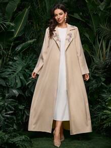 Al Najma Thêu cổ áo Mandarin Abaya thanh lịch và sang trọng - Màu be - Xem 5